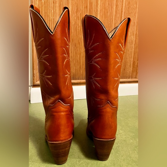 1980 Vintage Frye Leather Cognac Tree Art Embroidered Cowboy Boots - Picture 4 of 8